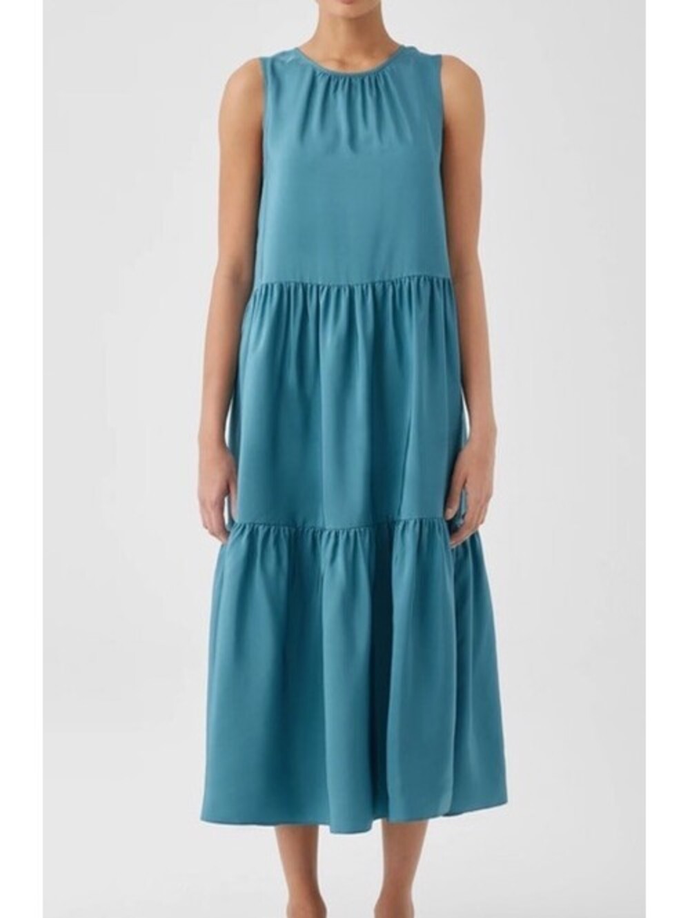 EILEEN FISHER Washed Silk Tier Dress Large River Blue Minimalist Retail $358
